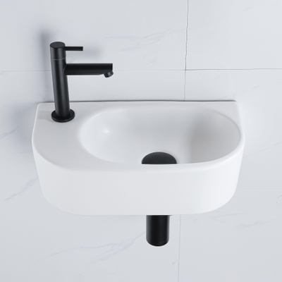 QeramiQ Fuente Ensemble de Lavabo - 40x21.5x12cm - gauche - lisse - demi-rond - 1 trou de robinet - céramique - ensemble de robinet noir mat - bouchon de vidange - siphon réduit - blanc mat