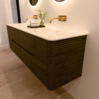 Mondiaz CIRO-DLUX Badkamermeubelset - 160x45x50cm - Solid surface wastafel Ostra - 2 wasbak Dubbel - zonder kraangaten - 4 lades - Shadow