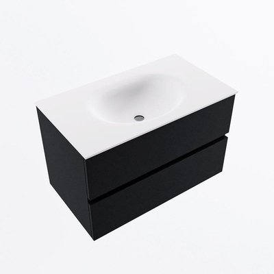 MONDIAZ VICA meuble sous lavabo 80cm Urban 2 tiroirs. Lavabo MOON centre 1 trou de robinet, couleur Talc.