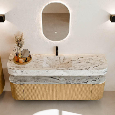 MONDIAZ THOR-DLUX 170cm badmeubel ronding links + rechts kleur Oak met 1 lade en 2 deuren. Vrijhangende wastafel CLOUD Midden 1 kraangat kleur Glace.