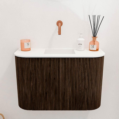 Mondiaz JOYA 63.2cm toiletmeubel - ronding links en rechts kleur Walnut - Wastafel FAYE positie Midden Zonder kraangat kleur Talc.
