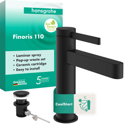 Hansgrohe Finoris wastafelkraan - model 110 - coolstart - met trekwaste - mat zwart