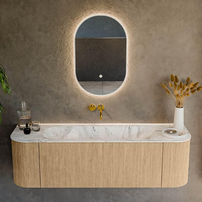 MONDIAZ KURVE-DLUX 150cm Meuble salle de bain avec module 25 G et D - couleur Oak - 1 tiroir - 2 portes - vasque BIG MEDIUM centre - sans trou de robinet - couleur Glace