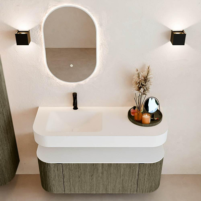 MONDIAZ THOR 120cm meuble de salle de bains arrondi gauche + droite couleur Shadow avec 1 tiroir et 2 portes. Vasque suspendue CLOUD gauche 1 trou de robinet couleur Talc.