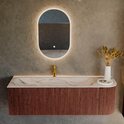 MONDIAZ KURVE-DLUX Meuble de salle de bains 145cm arrondi à droite couleur Ruby avec 1 tiroir et 1 porte. Lavabo BIG LARGE à gauche 1 trou de robinet Nata.