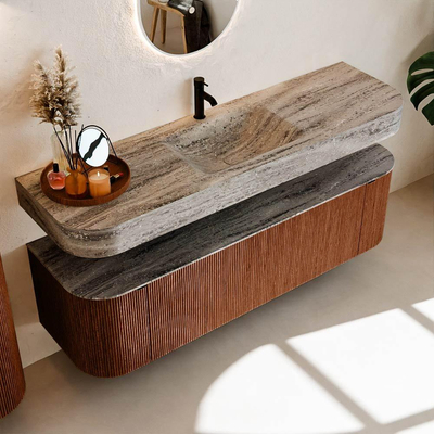 MONDIAZ THOR-DLUX 160cm meuble de salle de bains arrondi gauche + droite couleur Ruby avec 1 tiroir et 2 portes. Vasque suspendue CLOUD Milieu 1 trou de robinet couleur Oza.