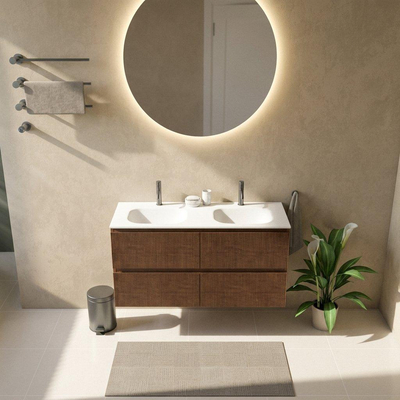 Saniclass Holz Atelier Ensemble meuble de salle de bains - 120x45x61.5cm - Flow lavabo en solid surface blanc - 2 vasques - 2 trous de robinet - 2 tiroirs - walnut pure mat (bois)