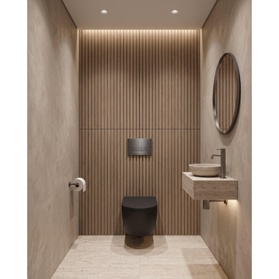 QeramiQ Dely Swirl Toiletset - 36.3x51.7cm - Geberit UP320 inbouwreservoir - met Burda frame - 35mm zitting - gunmetal bedieningsplaat - rechthoekige knoppen - mat zwart
