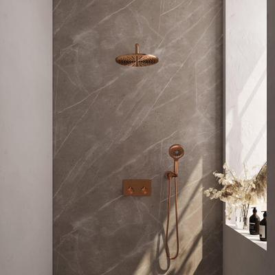 BRAUER Copper Edition Douche de tête thermostatique encastrée - boutons-poussoirs - SET 58 - douche de tête 30cm - bras mural courbé - douchette à main 3 jets - flexible de douche - coude de raccordement mural - cuivre brossé PVD
