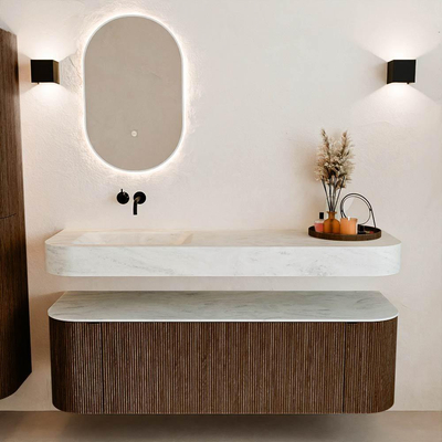 MONDIAZ THOR-DLUX 150cm badmeubel ronding links + rechts kleur Walnut met 1 lade en 2 deuren. Vrijhangende wastafel CLOUD Links zonder kraangat kleur Opalo.