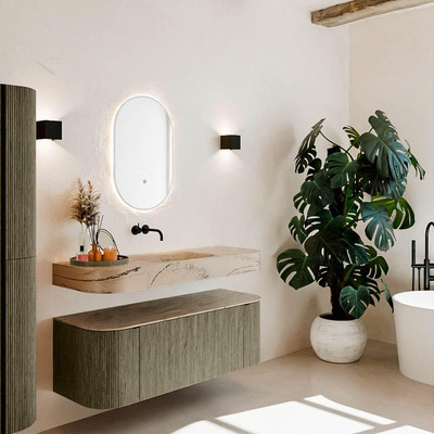 MONDIAZ THOR-DLUX 130cm meuble de salle de bains arrondi gauche + droite couleur Shadow avec 1 tiroir et 2 portes. Vasque suspendue CLOUD Milieu sans trou de robinet couleur Arena.