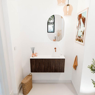Mondiaz JOYA 90cm toiletmeubel - kleur Walnut - Wastafel FAYE positie Rechts Zonder kraangat kleur Talc.