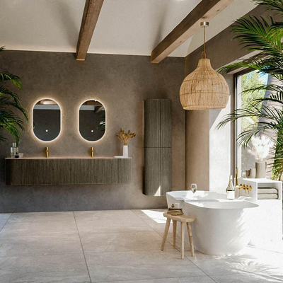 MONDIAZ KURVE-DLUX Meuble de salle de bains 200cm arrondi Gauche + Droite couleur Shadow avec 2 tiroirs et 2 portes. Lavabo STOR SMALL Double 2 trous de robinet Saba.