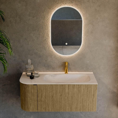 MONDIAZ KURVE-DLUX 105cm badmeubel ronding Links kleur Dusk met 1 lade en 1 deur. Wastafel BIG SMALL Rechts 1 kraangat Meli.