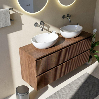 Saniclass Holz Atelier Ensemble meuble de salle de bains - 140x45x62cm - plan de travail en bois - sans trou de robinet - 4 tiroirs - walnut pure mat (bois)