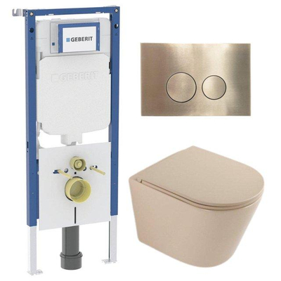 QeramiQ Dely Toiletset - 36.3x51.7cm - diepspoel - rimless - Geberit UP720 inbouwreservoir - softclose toilet zitting - geborsteld messing bedieningsplaat - ronde knoppen - mat beige