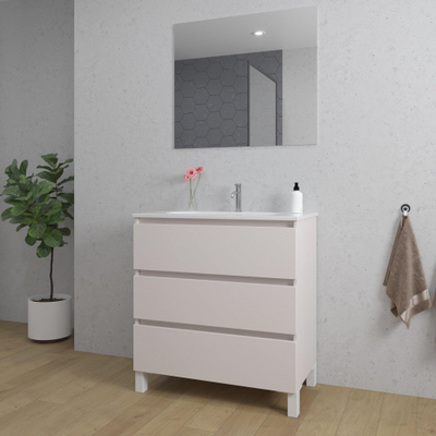 Saniclass Chaci PLUS Meuble de salle de bain - 80x86x46cm - lavabo en céramique blanc - 1 vasque ovale - 1 trou de robinet - 3 tiroirs - miroir rectangulaire - mat cotton (beige)