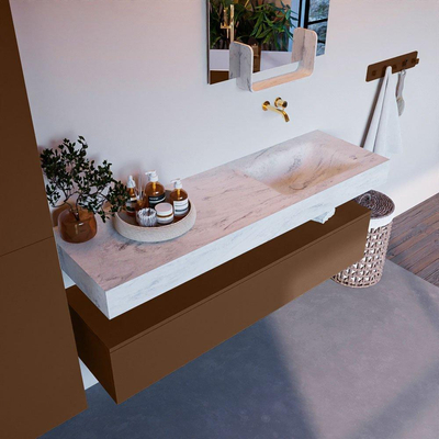 Mondiaz ALAN-DLUX Ensemble de meuble - 150cm - meuble Rust mat - 1 tiroir - Lavabo Cloud Opalo suspendu - vasque Droite - 0 trous de robinet