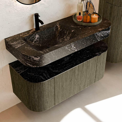 MONDIAZ THOR-DLUX 110cm meuble de salle de bains arrondi gauche + droite couleur Shadow avec 1 tiroir et 2 portes. Vasque suspendue CLOUD Gauche 1 trou de robinet couleur Lava.