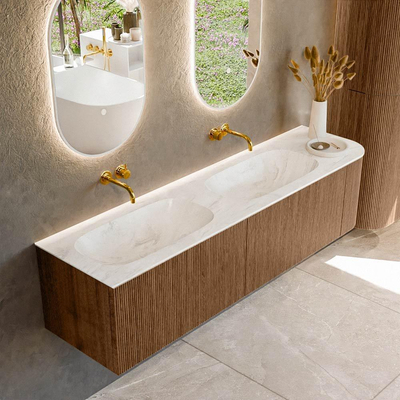 MONDIAZ KURVE-DLUX 175cm Meuble salle de bain avec module 25 D - couleur Walnut - 2 tiroirs - 1 porte - vasque STOR SMALL double / gauche - sans trou de robinet - couleur Ostra