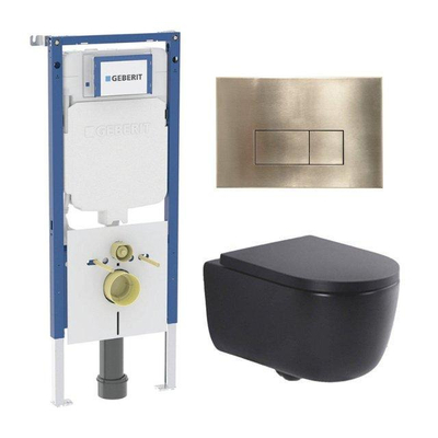 QeramiQ Dely Swirl Pack WC - 36,3x51,7cm - réservoir encastré Geberit UP720 Duofix Sigma - assise 35mm - plaque de déclenchement en laiton brossé - boutons rectangulaires - noir mat