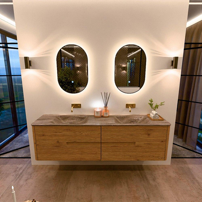 Mondiaz CIRO-DLUX Ensemble de meubles de salle de bains - 180x45x50cm - Vasque en solid surface Oza - 2 bassins Double - sans trous de robinet - 4 tiroirs - Chêne