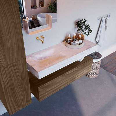 Mondiaz ALAN-DLUX 120cm badmeubel onderkast Mocha 1 lade. Vrijhangende wastafel CLOUD links zonder kraangat. kleur Ostra.
