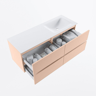 Mondiaz VICA ensemble de meuble de salle de bain - 130cm - meuble sous vasque rosee - 4 tiroirs - lavabo cloud droite - sans trous de robinet - version haute de 60cm - talc