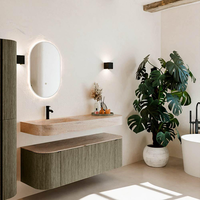 MONDIAZ THOR-DLUX 140cm meuble de salle de bains arrondi gauche + droite couleur Shadow avec 1 tiroir et 2 portes. Vasque suspendue CLOUD Gauche 1 trou de robinet couleur Saba.