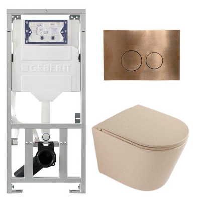 QeramiQ Dely Toiletset - 36.3x51.7cm - diepspoel - rimless - Geberit UP320 inbouwreservoir - softclose toilet zitting - koperen bedieningsplaat - ronde knoppen - mat beige