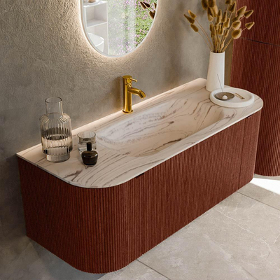 MONDIAZ KURVE-DLUX 120cm badmeubel ronding Links + Rechts kleur Ruby met 1 lade en 2 deuren. Wastafel BIG SMALL Midden 1 kraangat Nata.