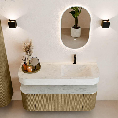 MONDIAZ THOR-DLUX 130cm meuble de salle de bains arrondi gauche + droite couleur Dusk avec 1 tiroir et 2 portes. Vasque suspendue CLOUD Droite 1 trou de robinet couleur Opalo.