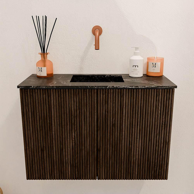 Mondiaz JOYA-DLUX 60cm toiletmeubel - kleur Walnut - Wastafel FAYE positie Midden Zonder kraangat kleur Lava.