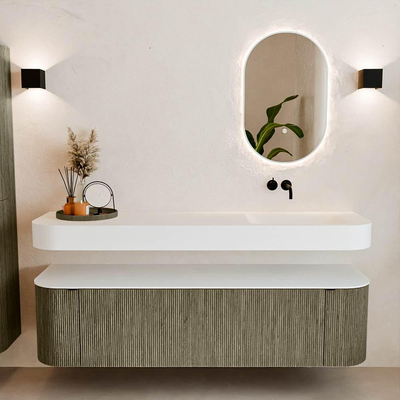 MONDIAZ THOR 170cm meuble de salle de bains arrondi gauche + droite couleur Shadow avec 1 tiroir et 2 portes. Vasque suspendue CLOUD Droite sans trou de robinet couleur Talc.