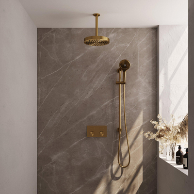 BRAUER Stripe Thermostatische Inbouw Regendouche - drukknoppen - 25cm douchekop - plafondarm - 3-standen handdouche - doucheslang - geïntegreerde glijstang - goud geborsteld PVD