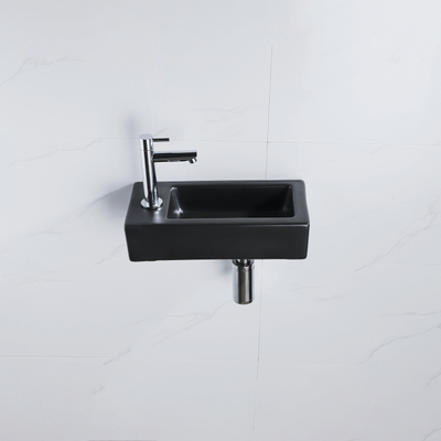 FugaFlow Efficiente Ensemble fontaine Pietra - 37,5x18,5x9cm - céramique - trou de robinet à gauche - robinet de fontaine chrome - bouchon de vidange - siphon abaissé - Noir mat