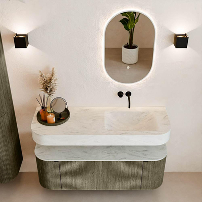 MONDIAZ THOR-DLUX 130cm meuble de salle de bains arrondi gauche + droite couleur Shadow avec 1 tiroir et 2 portes. Vasque suspendue CLOUD Droite sans trou de robinet couleur Opalo.