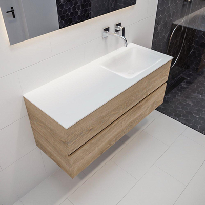 MONDIAZ VICA Ensemble meuble de salle de bains - 120cm - 2 tiroirs - vasque Cloud à droite - 0 trous de robinet - solid surface chêne blanchi