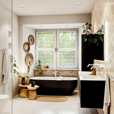MONDIAZ VICA meuble sous lavabo 150cm Urban 2 tiroirs. Lavabo CLOUD double sans trou de robinet, couleur Talc.