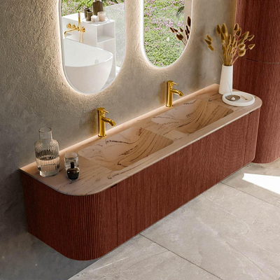 MONDIAZ KURVE-DLUX Meuble de salle de bains 170cm arrondi Gauche + Droite couleur Ruby avec 1 tiroir et 2 portes. Lavabo LEAF Double 2 trous de robinet Arena.