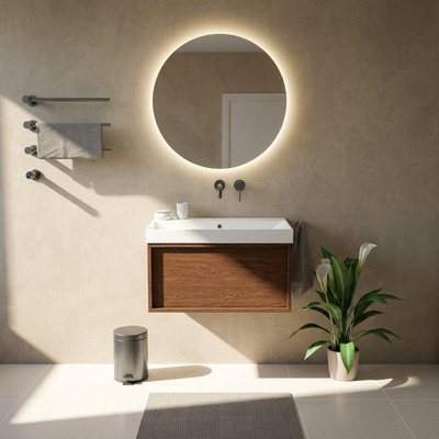 Saniclass Holz Frame Ensemble meuble de salle de bains - 80x45x47.5cm - lavabo Wave en céramique - 1 vasque - sans trou de robinet - 1 tiroir - walnut pure mat (bois)