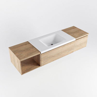 MONDIAZ BUKLA meuble de salle de bains 160 cm avec module ouvert 40 à gauche couleur Washed Oak avec 2 tiroirs. Lavabo CLOUD central 0 trous de robinet couleur Talc.