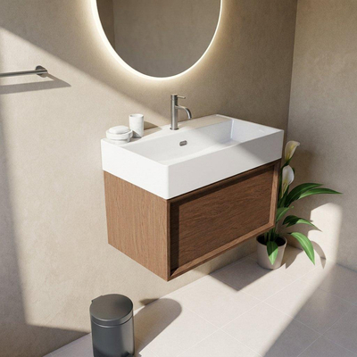 Saniclass Holz Frame Ensemble meuble de salle de bains - 80x45x52cm - lavabo Legend en céramique blanc - 1 vasque - 1 trou de robinetterie - 1 tiroir - walnut pure mat (bois)