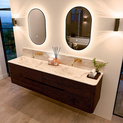 Mondiaz CIRO-DLUX Meuble de salle de bains - 190x45x50cm - Plan vasque solid surface Frappe - 2 vasques Double - sans trous de robinet - 4 tiroirs - Noyer