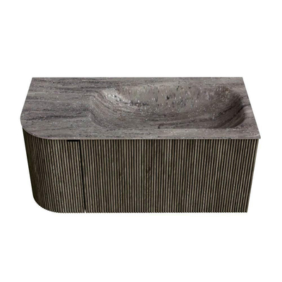 MONDIAZ KURVE-DLUX Meuble de salle de bains 95cm arrondi à gauche couleur Shadow avec 1 tiroir et 1 porte. Lavabo BIG SMALL à droite sans trou de robinet Oza.