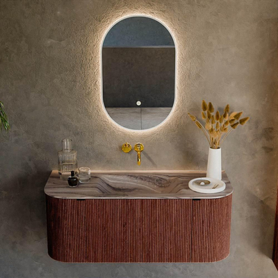 MONDIAZ KURVE-DLUX Meuble de salle de bains 110cm arrondi Gauche + Droite couleur Ruby avec 1 tiroir et 2 portes. Lavabo CLOUD Central sans trou de robinet Sombra.
