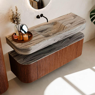 MONDIAZ THOR-DLUX Meuble de salle de bains 140cm arrondi gauche + droite couleur Ruby avec 1 tiroir et 2 portes. Vasque suspendue CLOUD Centre sans trou de robinet couleur Sombra.