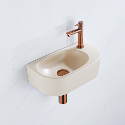 QeramiQ Fuente Ensemble lave-mains - 40x21,5x12cm - droit - lisse - demi-ronde - 1 trou de robinet - céramique - robinet de lave-mains cuivre brossé - bonde - siphon abaissé - beige