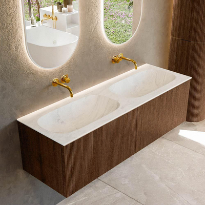 MONDIAZ KURVE-DLUX 140cm badmeubel kleur Walnut met 2 lades. Wastafel STOR SMALL dubbel zonder kraangat kleur Opalo.