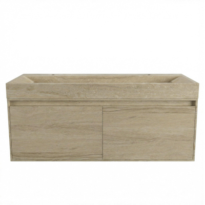 Forzalaqua Ibiza Ensemble meuble de salle de bains - 120x50x50cm - 2 tiroirs - lavabo en travertin - 2 trous de robinet - jeu de supports - bouchon de vidage - Smoke